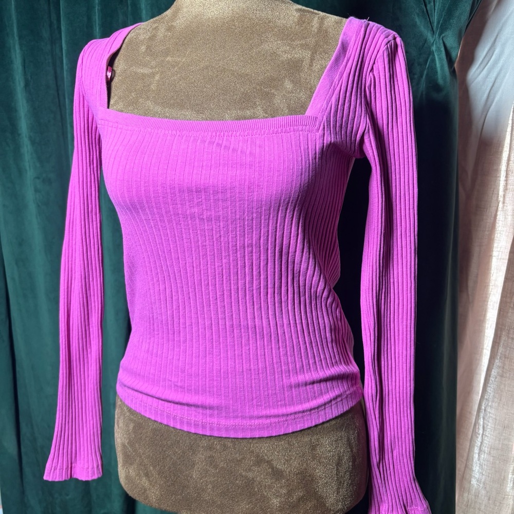 Zara Ribbed Square-Neck Long Sleeve Top — Bright Pink